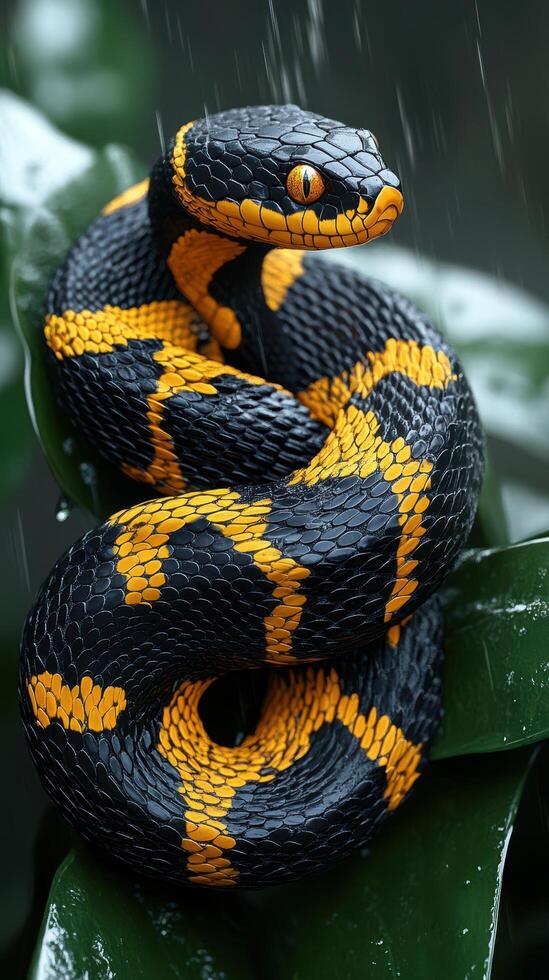 A black and yellow snake is sitting on a leaf photo
