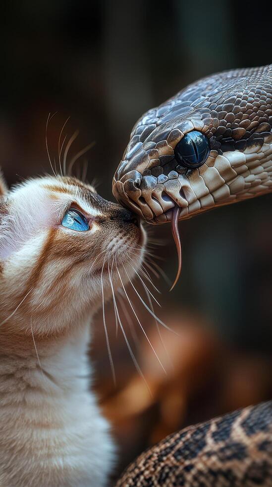 A snake and a cat are kissing each other photo
