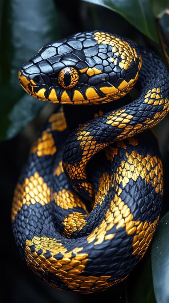 A snake with black and yellow stripes photo