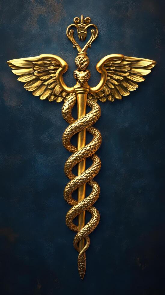 Gold caduceus medical symbol on dark blue background photo