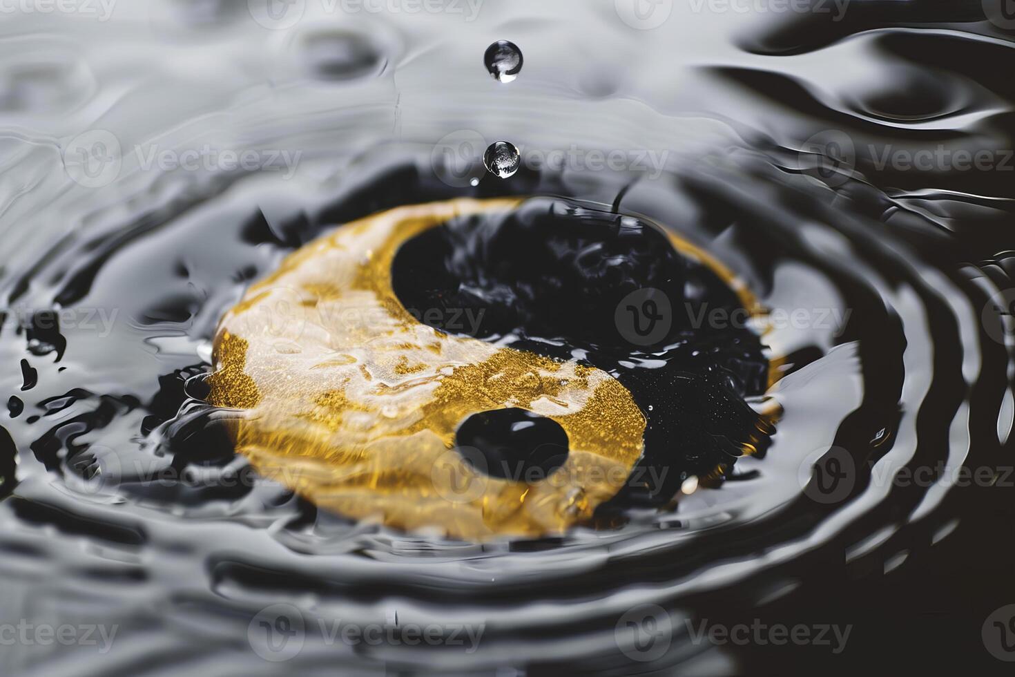 Golden yin yang symbol floating on water with droplets splashing photo