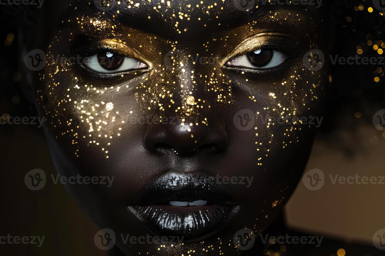 Model showing creative golden makeup and black lipstick photo