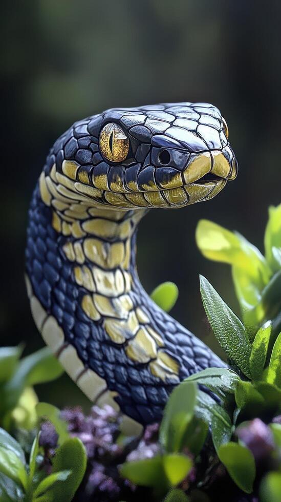 A close up of a snake with green plants photo