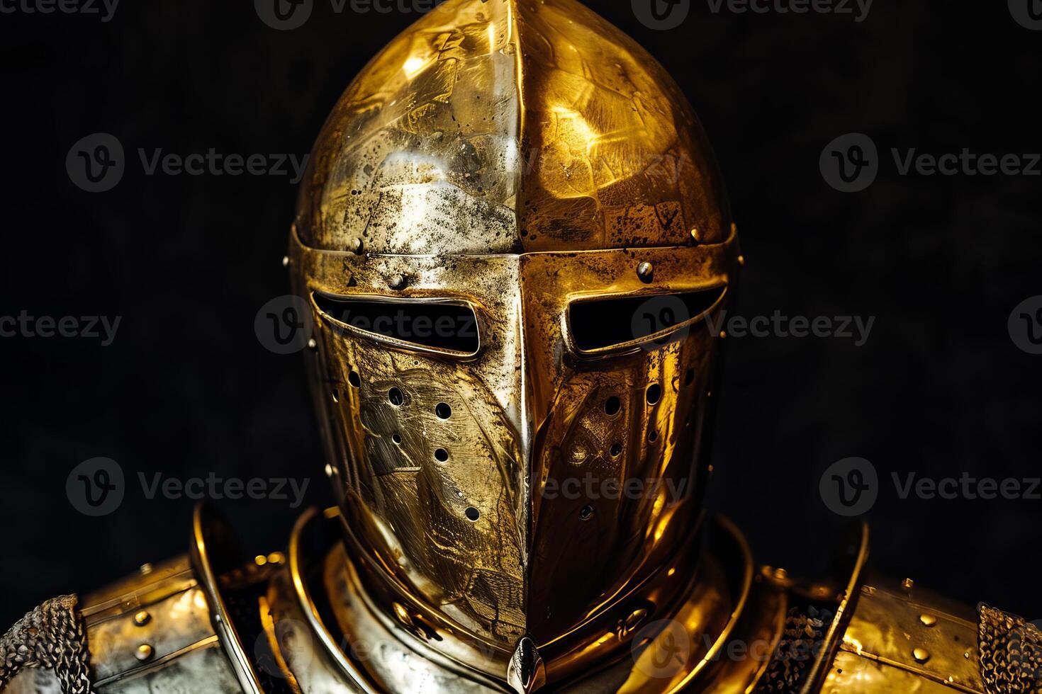 Medieval golden helmet and armor shining in the dark photo