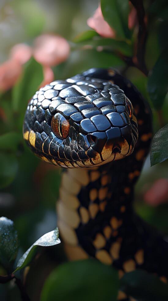 A snake with a black and yellow head photo