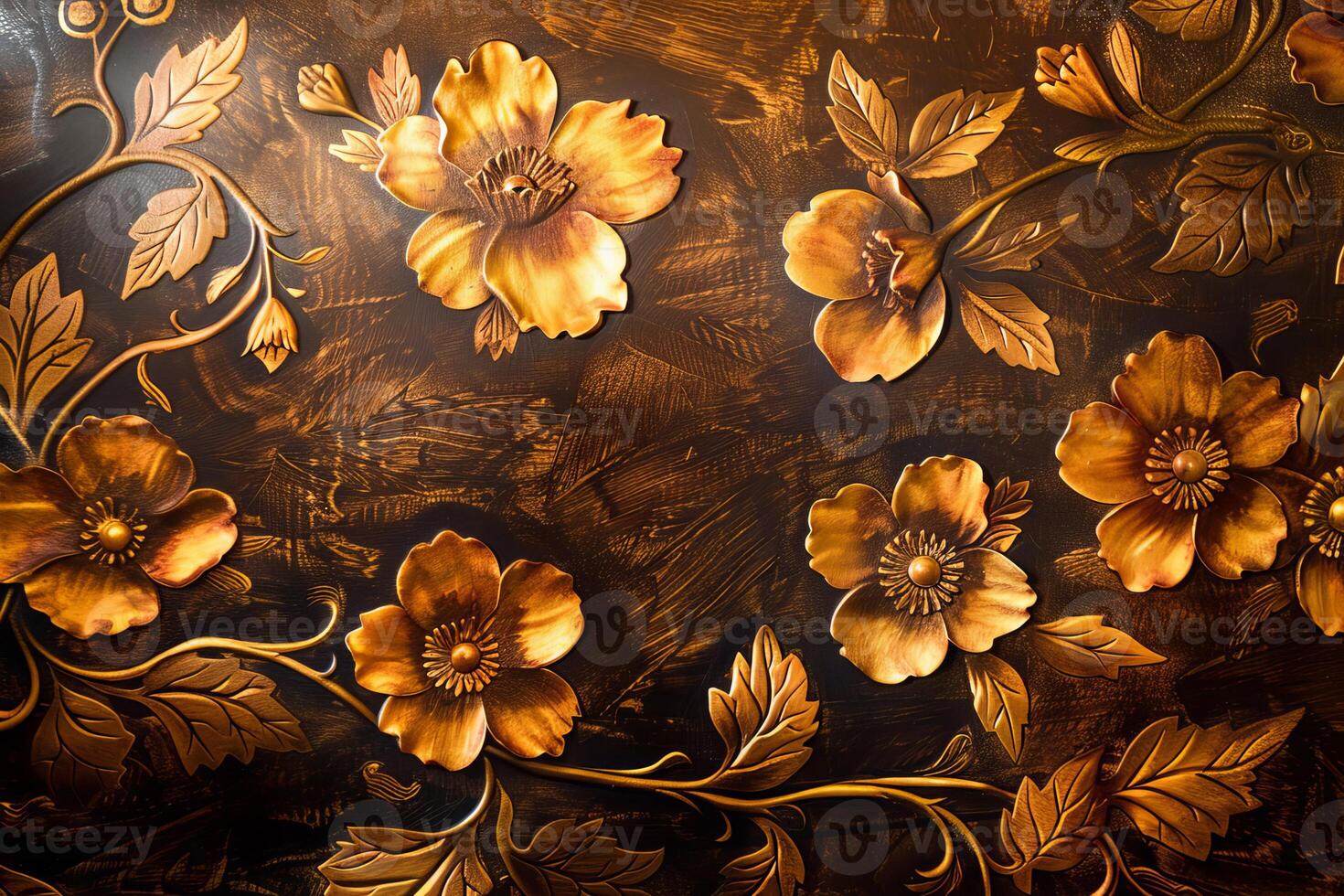 Golden floral ornament embellishing a dark textured surface photo