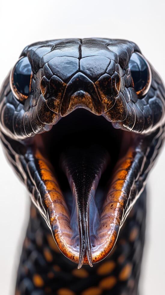 A black snake with its mouth open and its mouth open photo