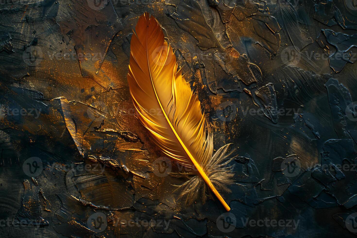 Golden feather lying on black textured background representing luxury and elegance photo