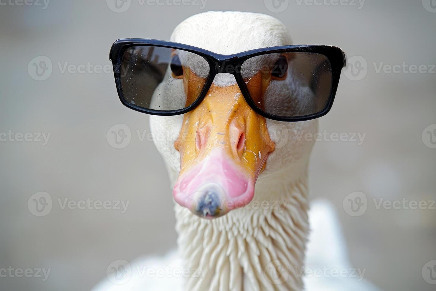 White goose wearing sunglasses, funny animal portrait photo