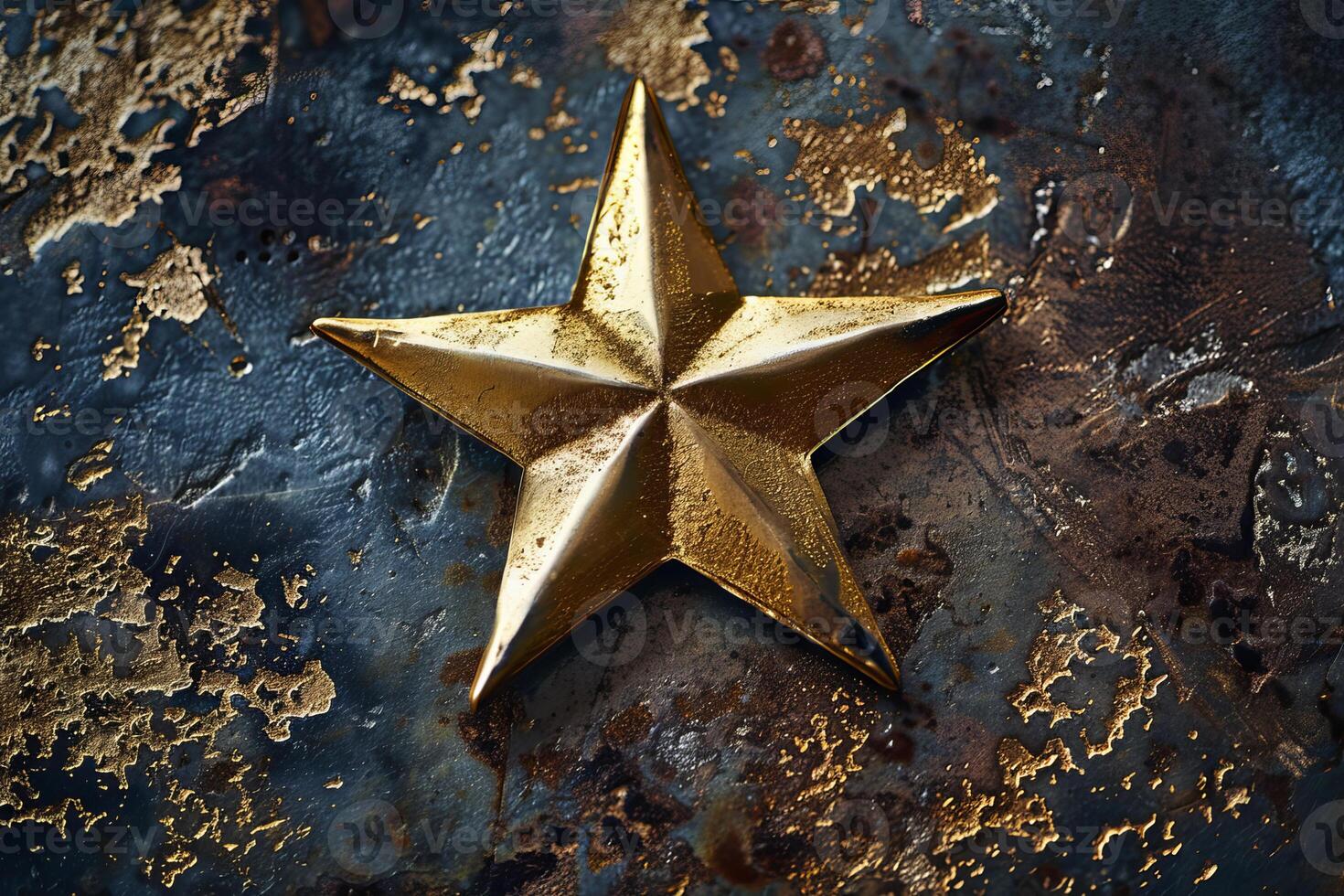 Golden five pointed star shining on a textured metallic surface photo