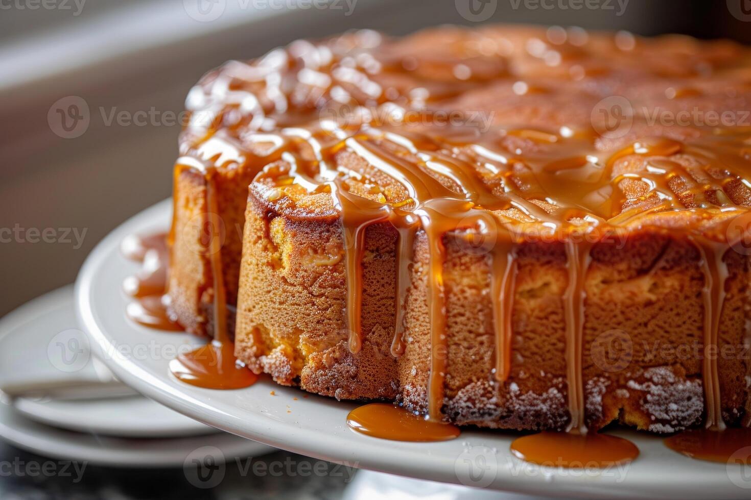 Delicious round cake covered in caramel sauce dripping on serving plate photo