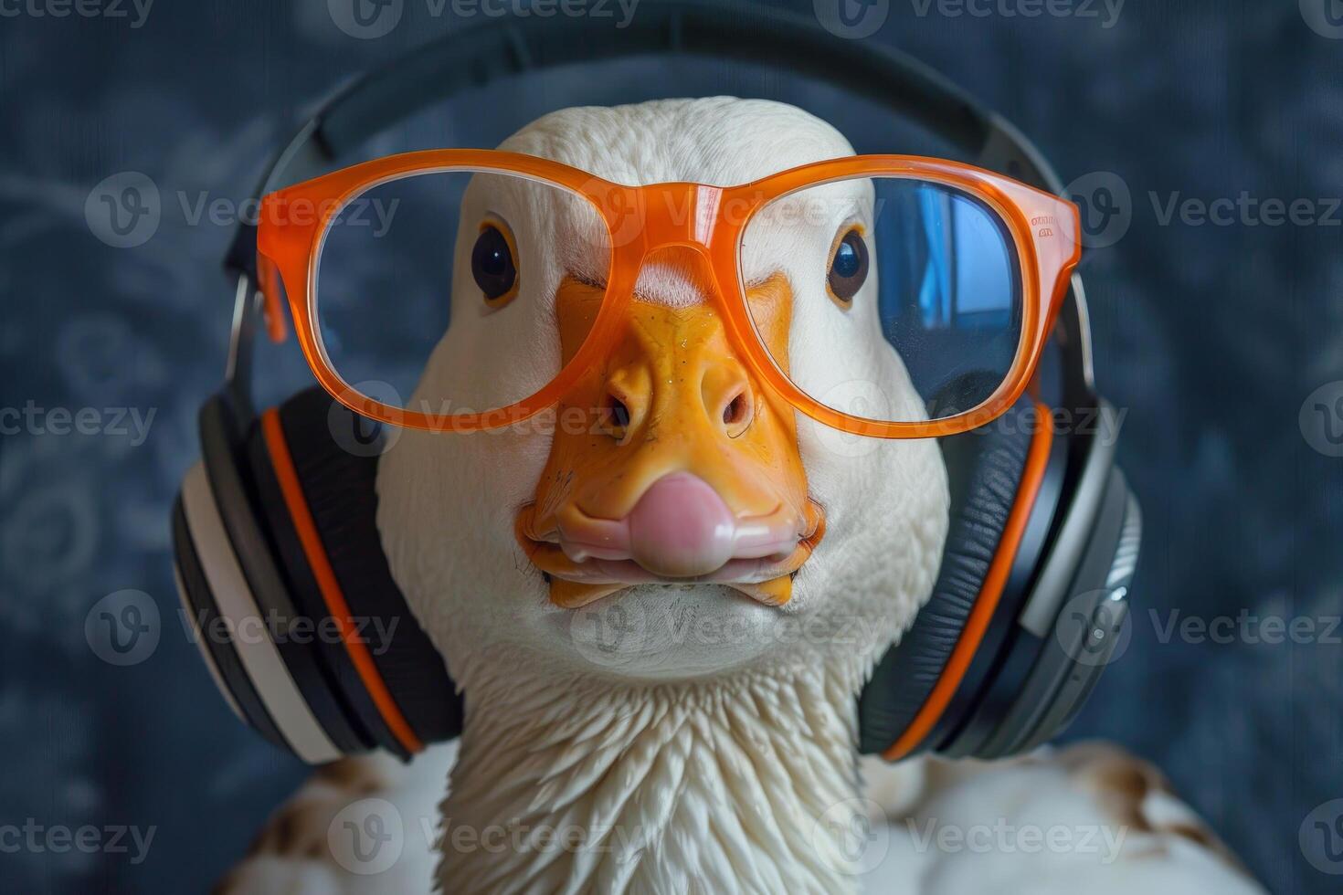 White goose wearing headphones and orange glasses listening to music photo