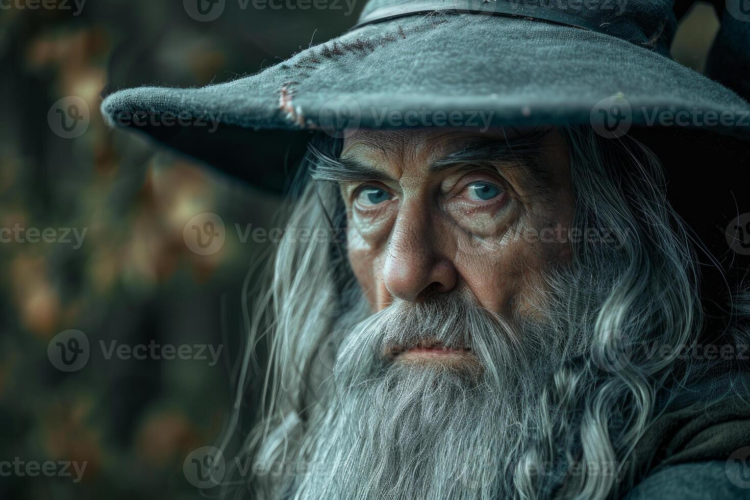 Powerful wizard wearing wide brimmed hat and staring with intense gaze photo