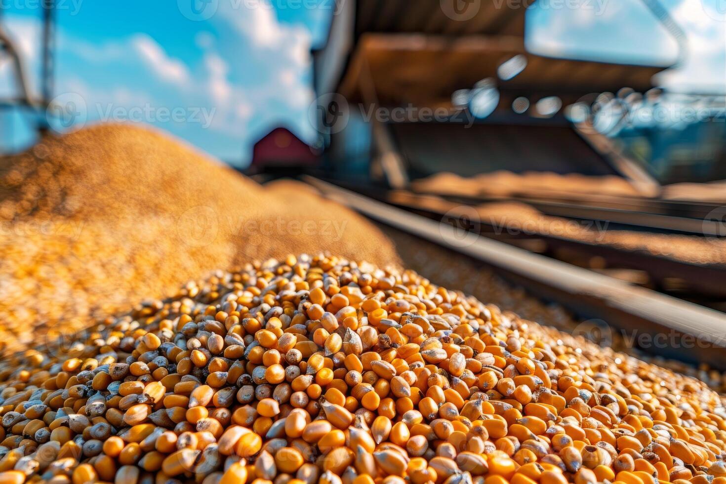 Corn grains being poured into tractor trailer at farm during harvest season photo