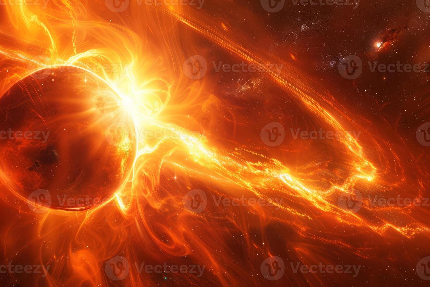 Planet exploding in a powerful cosmic eruption generating fiery nebulae photo