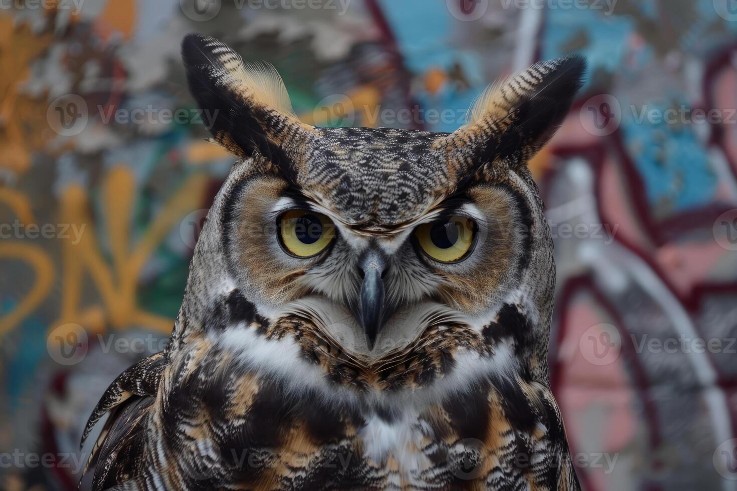 Great horned owl staring with intense gaze in front of graffiti wall photo