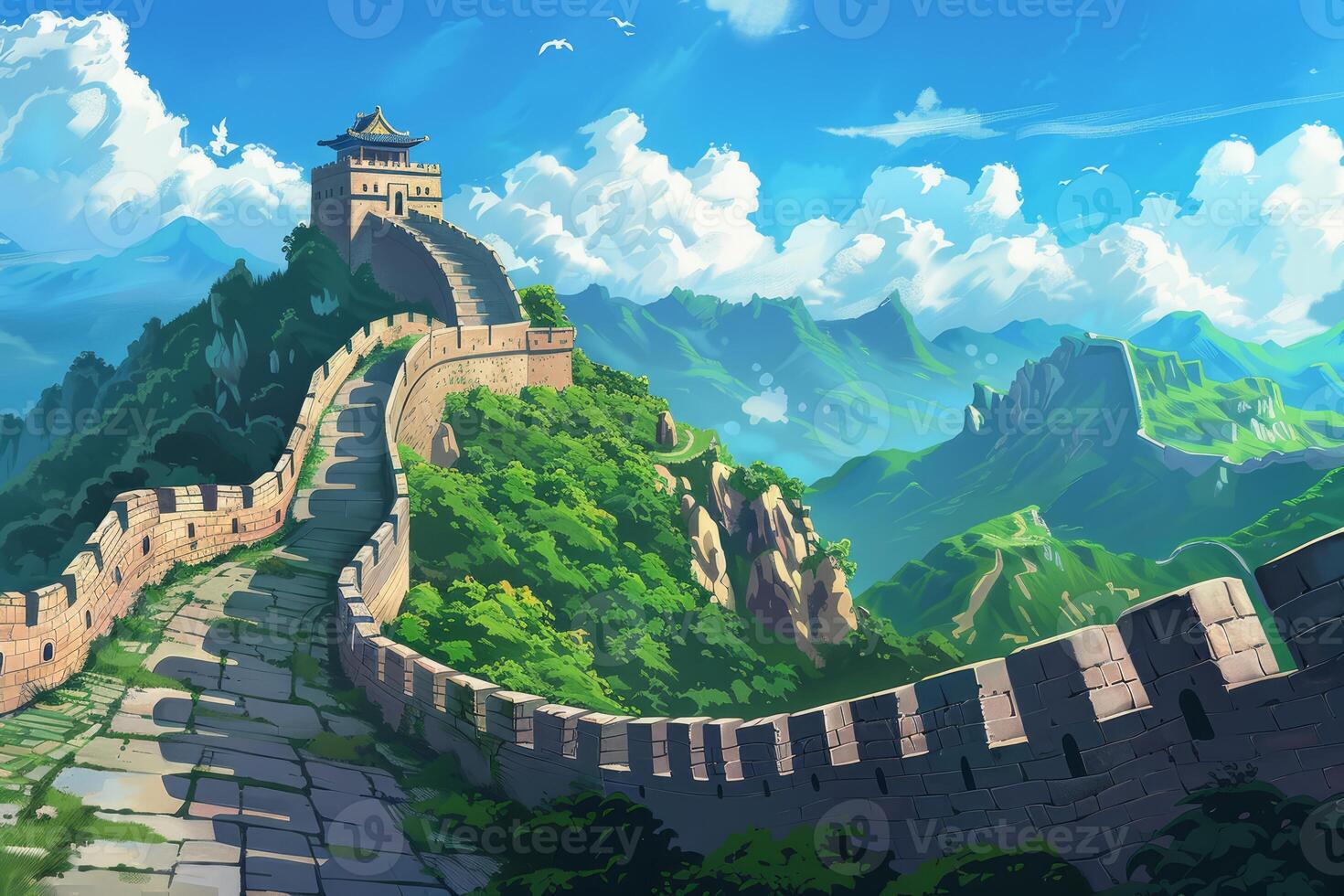 Great wall of china winding through lush green mountains under a blue sky photo