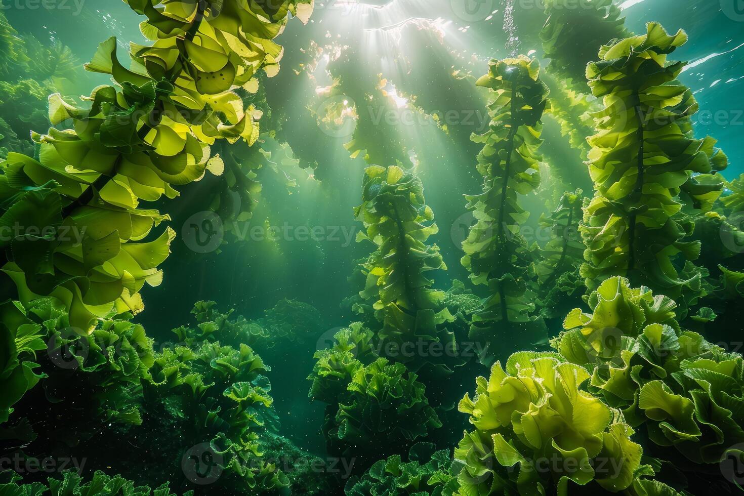 Sunlight filtering through lush kelp forest creating underwater paradise photo