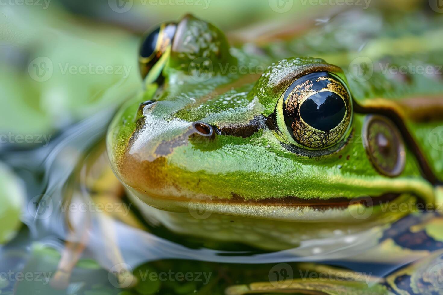 Green frog resting in water with vibrant eyes and smooth skin photo