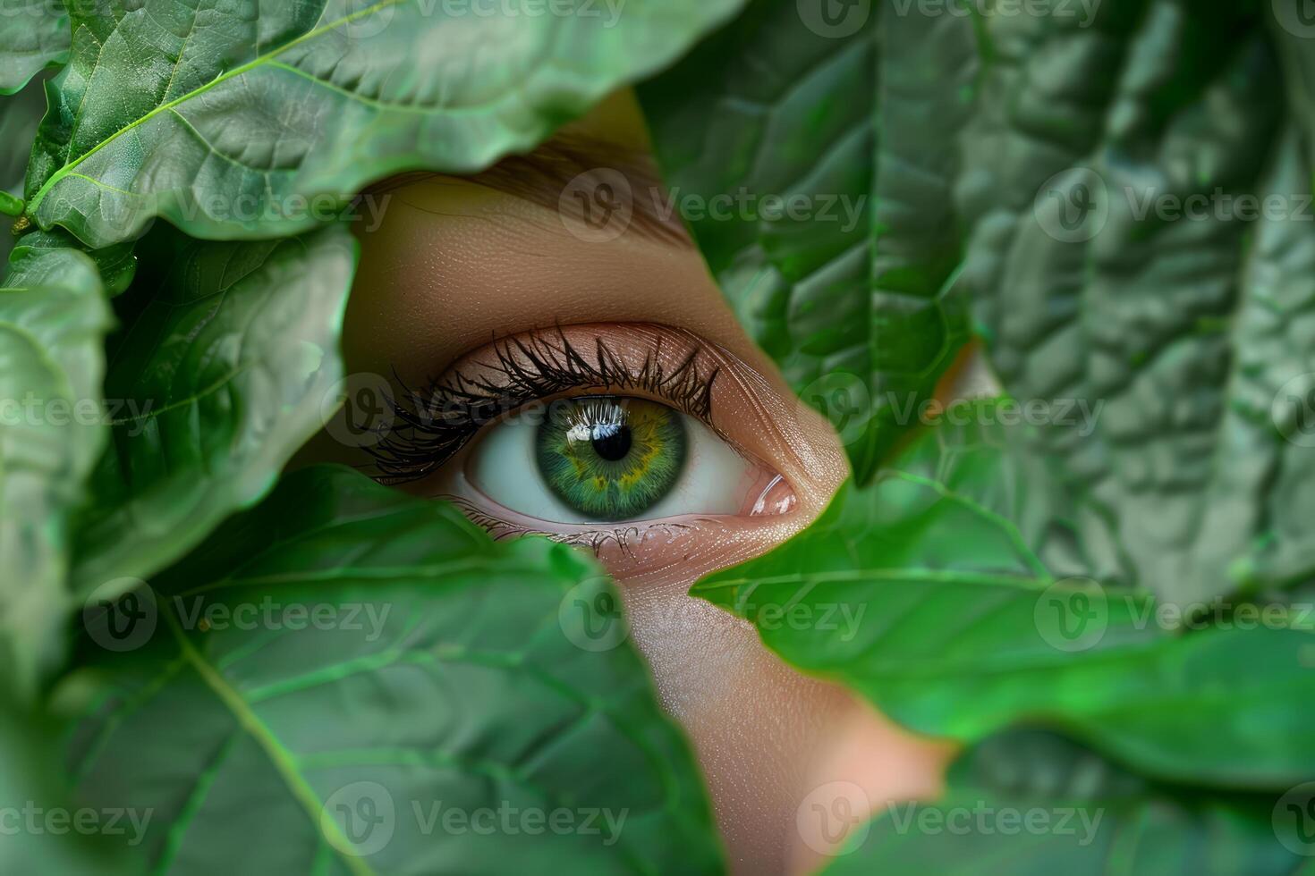 Woman with green eyes peeking through lush green leaves photo