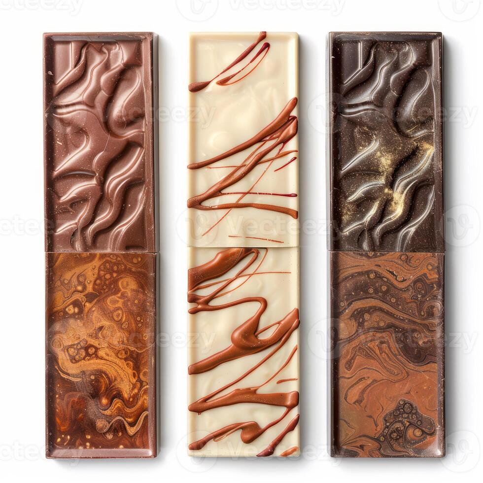 Chocolate bars showing artistic design and marbling effect on white background photo