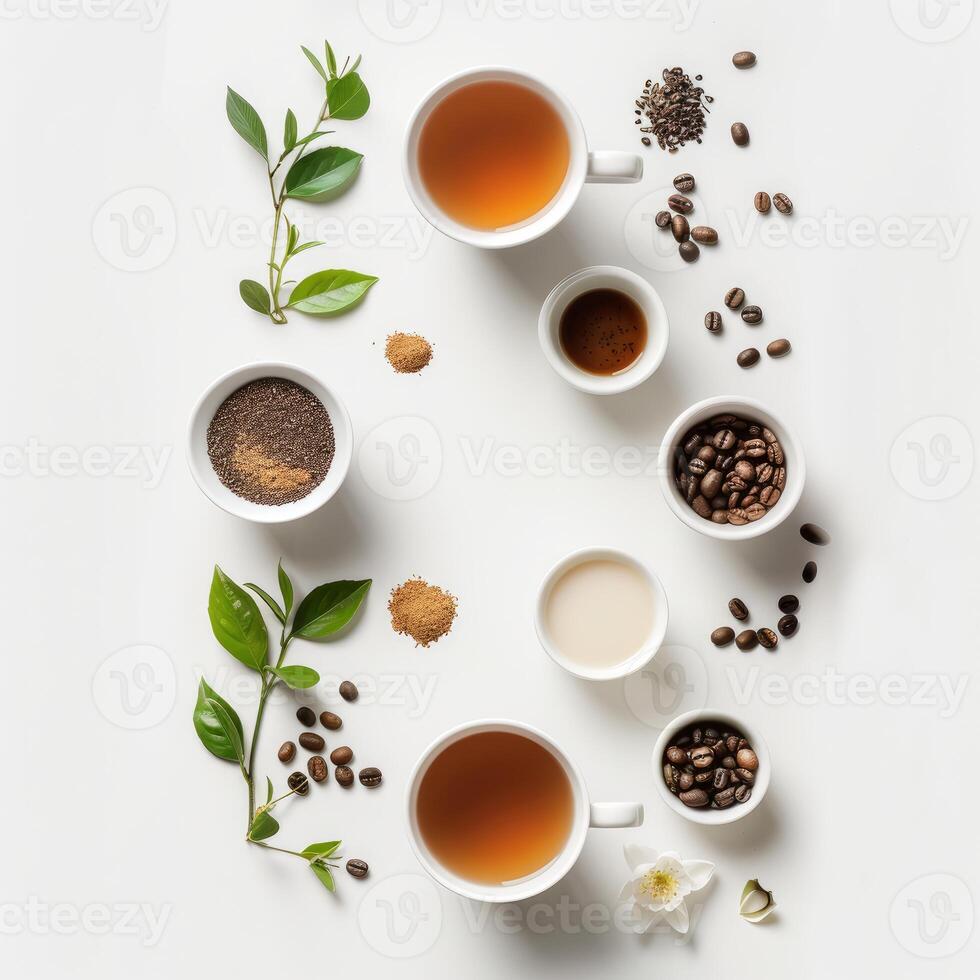 Tea and coffee composition with green leaves and powder on white background photo
