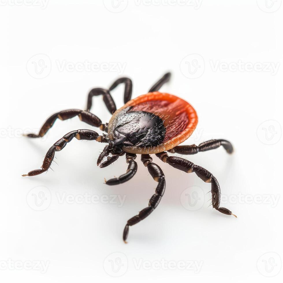 Tick crawling on white background, encephalitis, lyme disease, and tick borne illness concept photo
