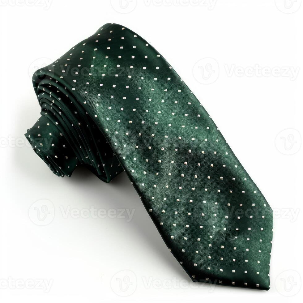 Elegant green tie with polka dots pattern on white background photo