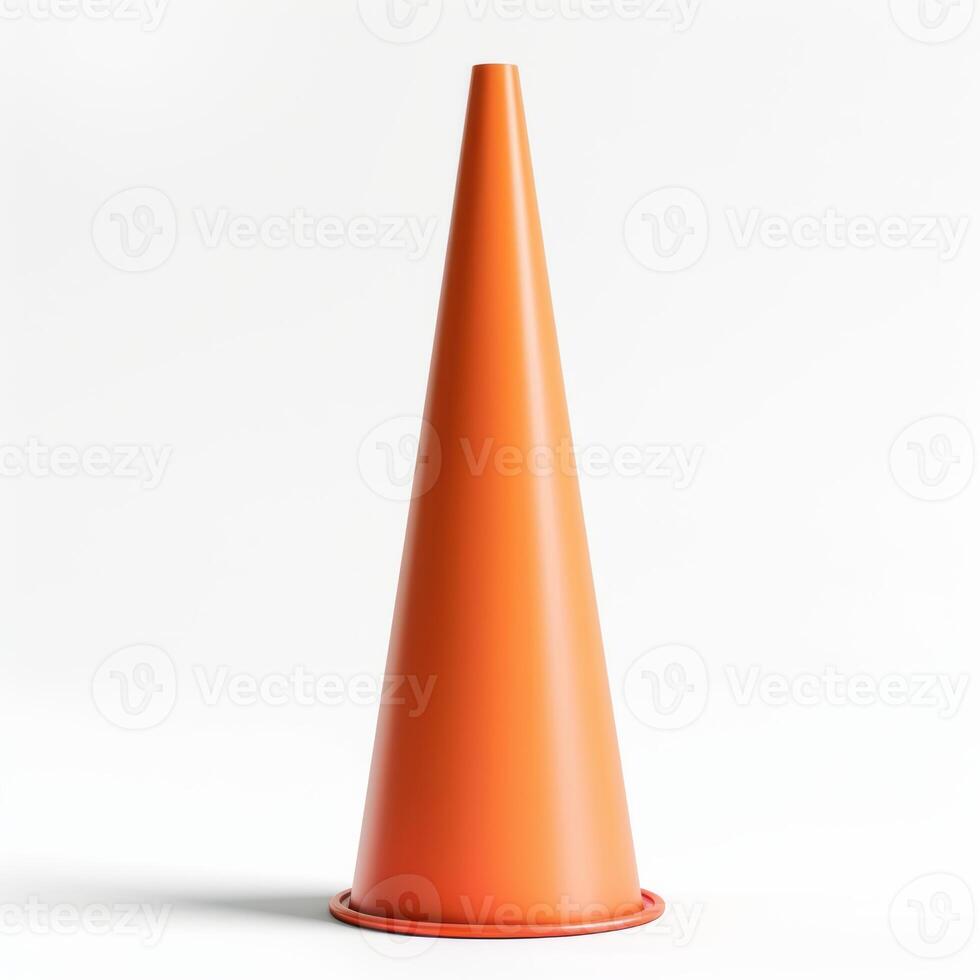 Bright orange traffic cone standing on white background photo
