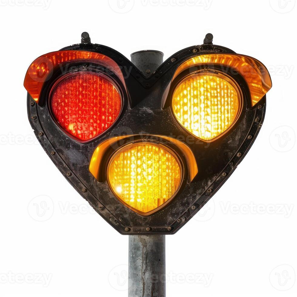 Heart shaped traffic light showing red and two yellow lights photo