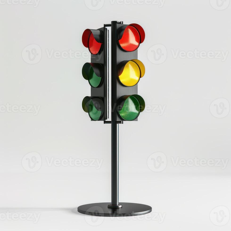 Four way traffic light showing green and yellow lights simultaneously on white background photo