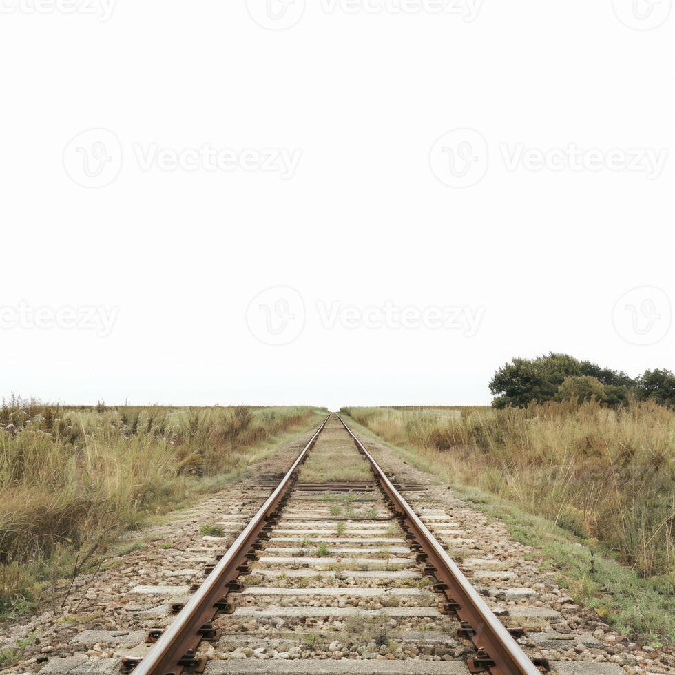 Train tracks disappearing into horizon on cloudy day photo