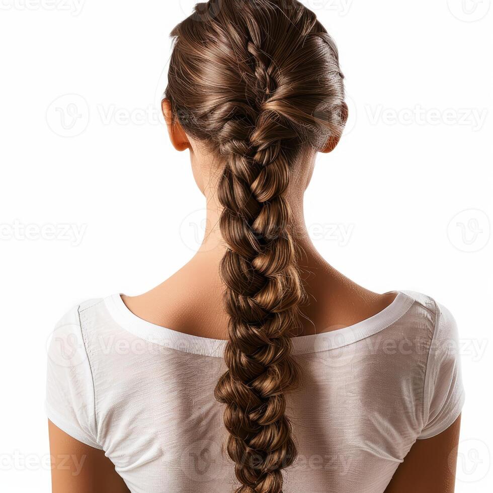 Back view of woman with long braided hair showing hairstyle photo