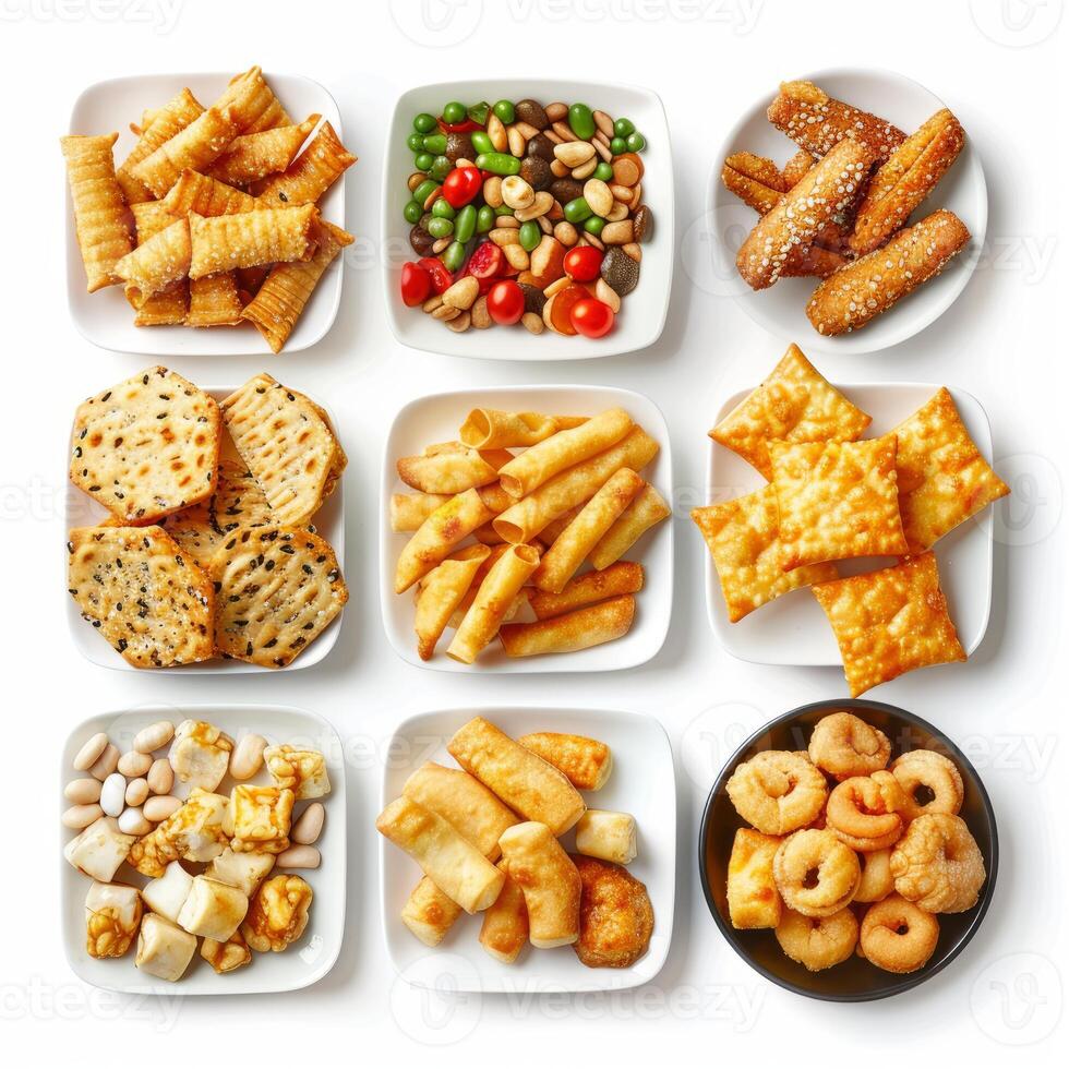 Variety of delicious savory snacks displayed on plates and bowl photo