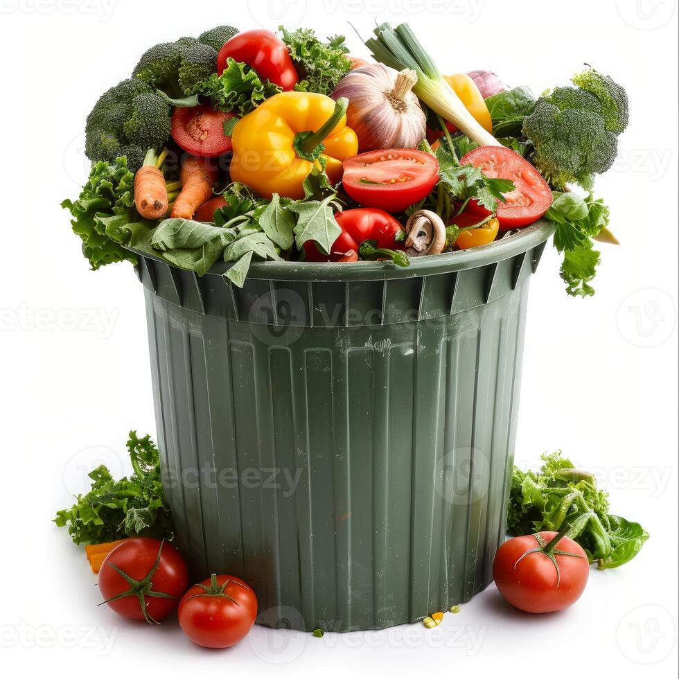 Fresh vegetable food waste overflowing from compost bin on white background photo