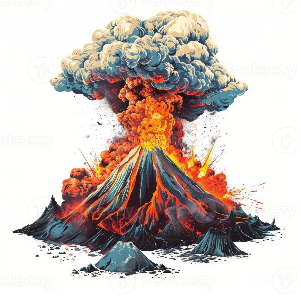 Volcano erupting with molten lava and ash cloud on white photo