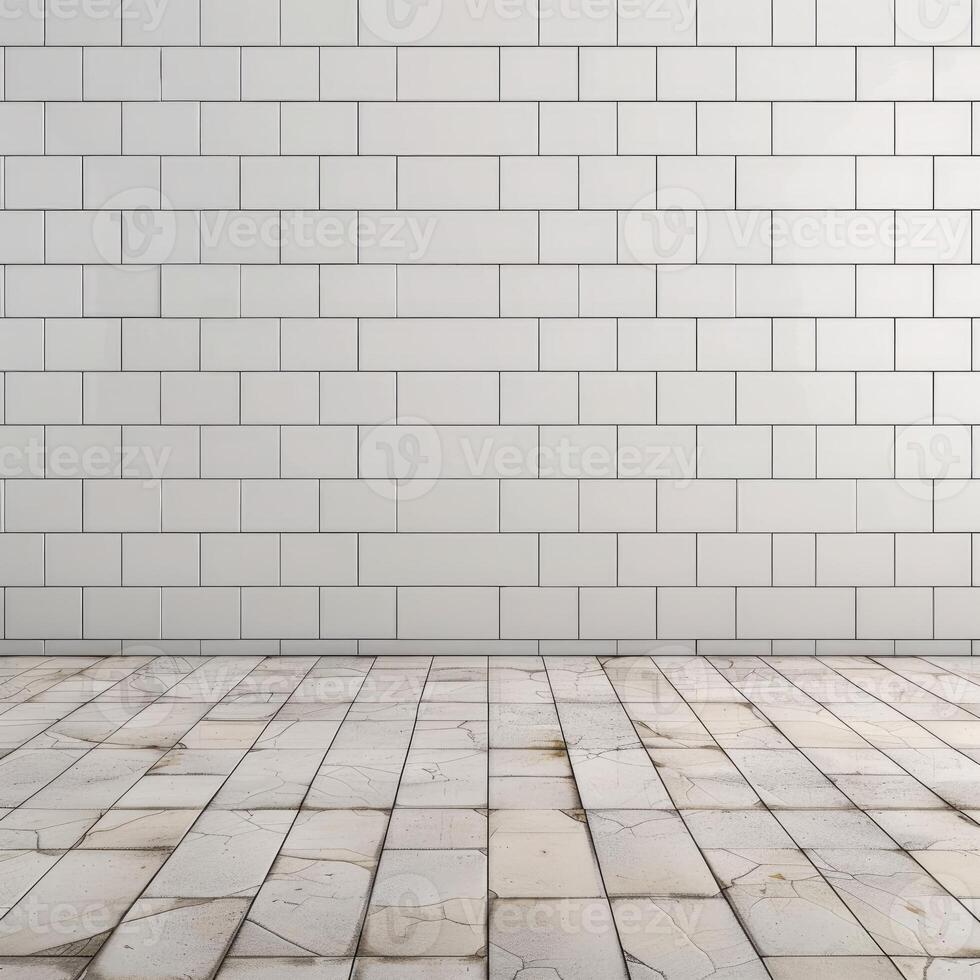 White subway tile wall and cracked tile floor creating empty room background photo