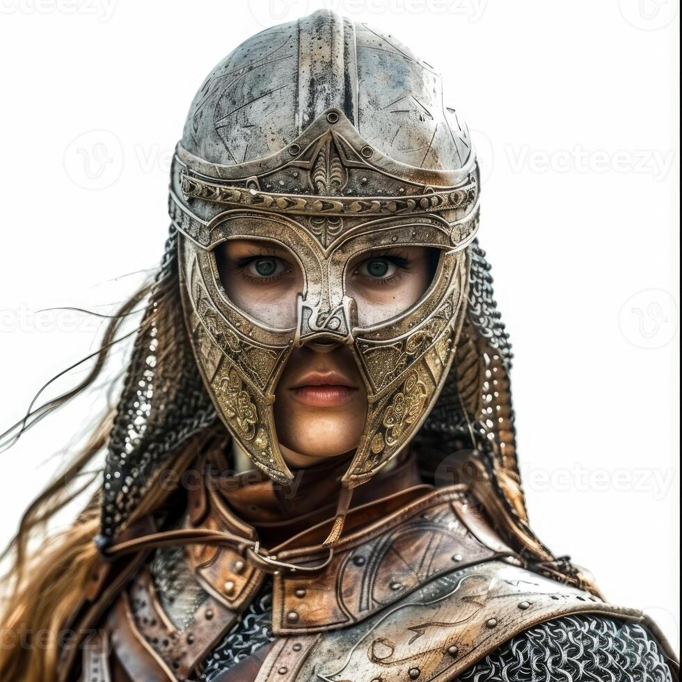 Swordswoman wearing ornate golden helmet and armor photo