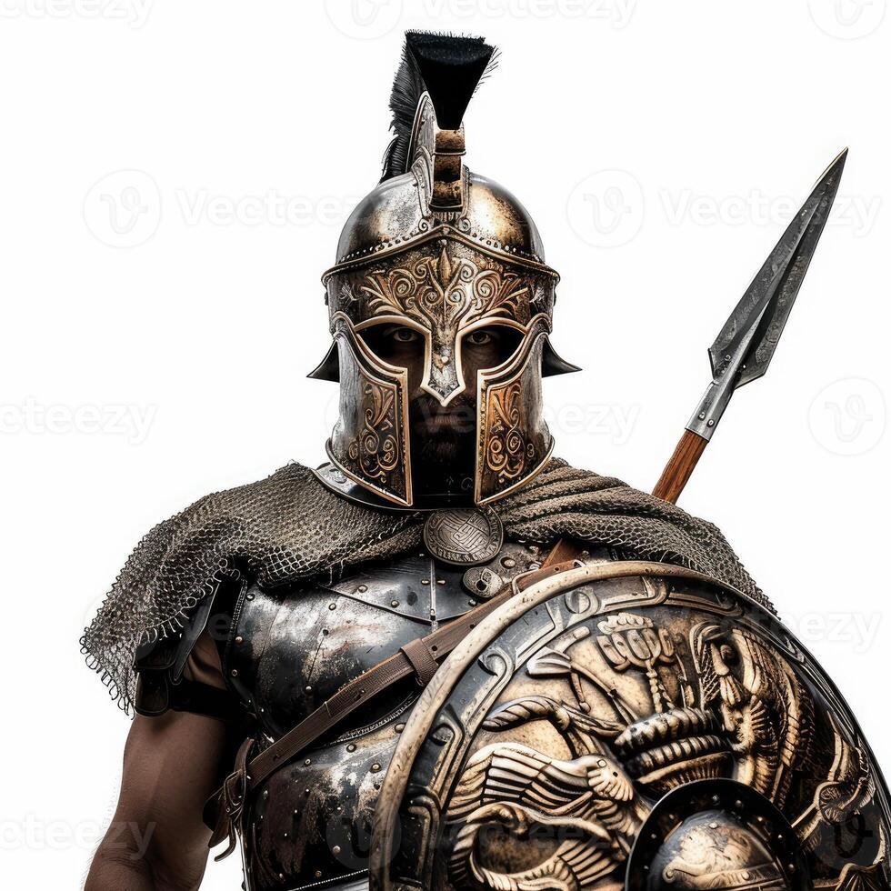 Powerful spartan warrior holding spear and shield, ready for battle photo