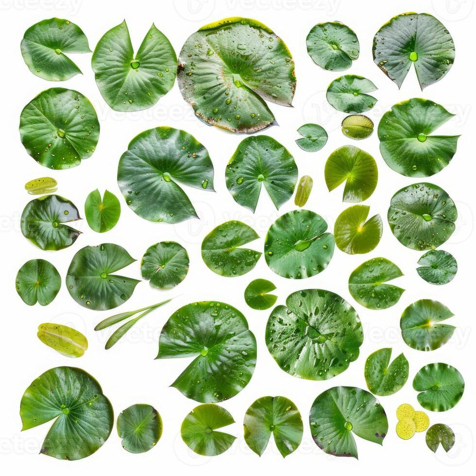 Collection of water lily pads with dew drops on white background photo