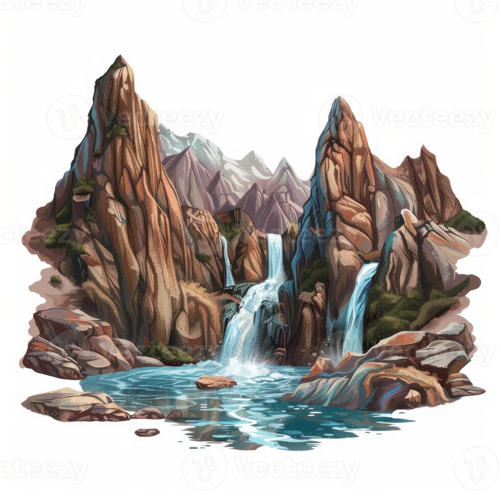 Majestic waterfall cascading between rocky mountains in a serene landscape photo
