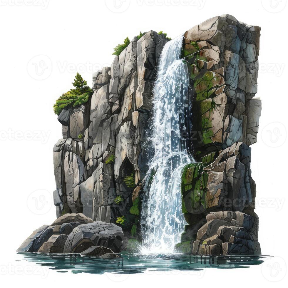 Waterfall cascading down rocky cliff into tranquil lake photo