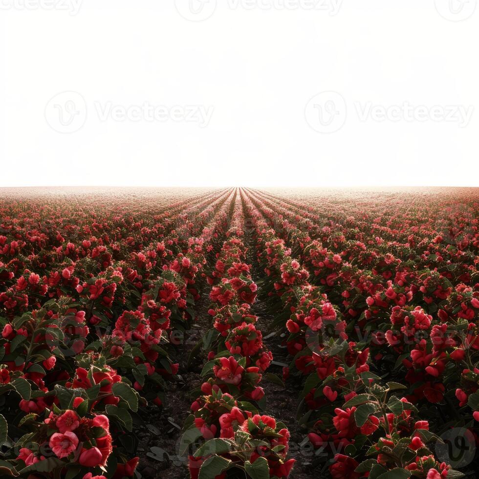 Endless rows of vibrant red flowers stretching towards the horizon under a misty sky photo