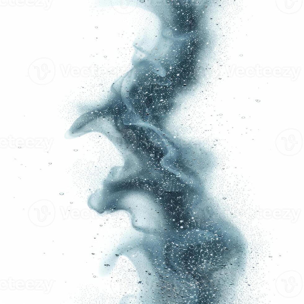 Dark ink swirling in water creating abstract shapes with bubbles on white background photo