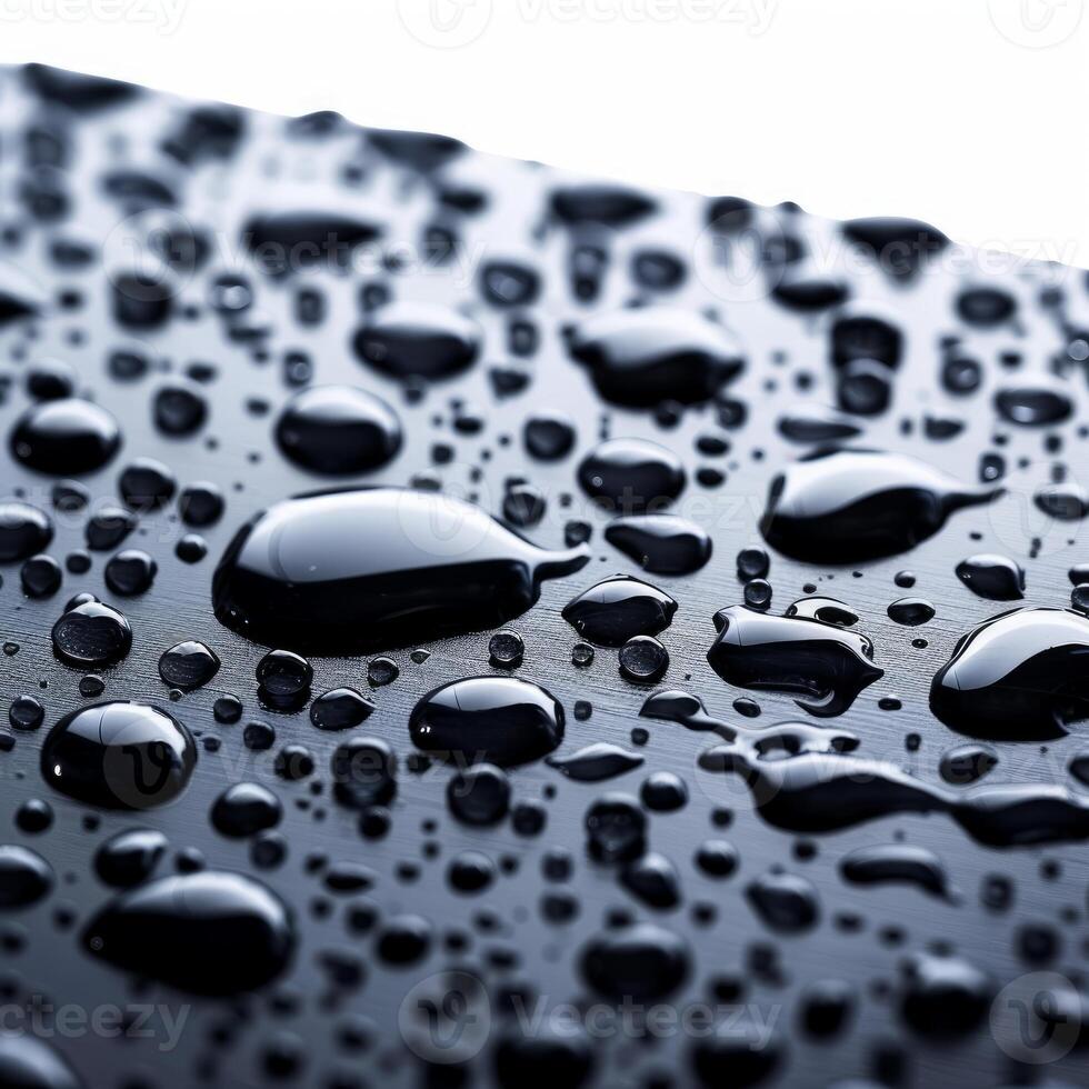 Water droplets resting on a smooth, dark surface photo