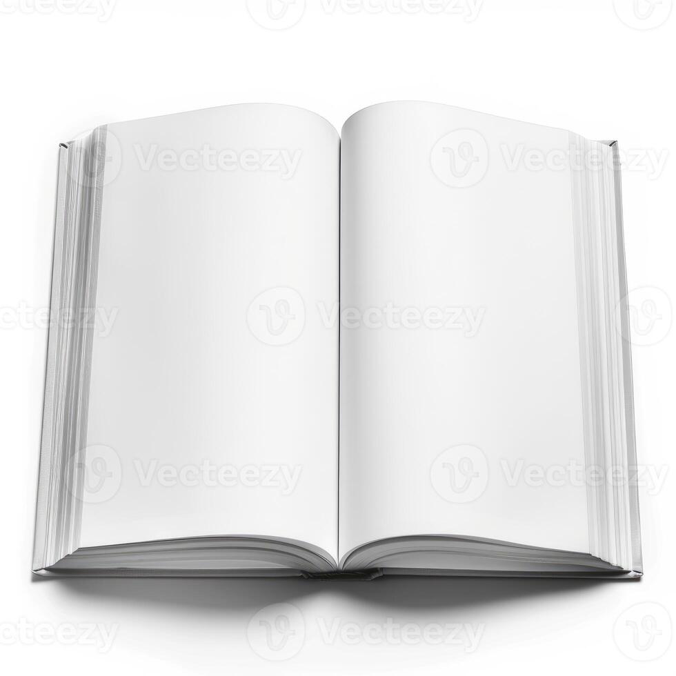 Open book showing blank white pages on white background photo