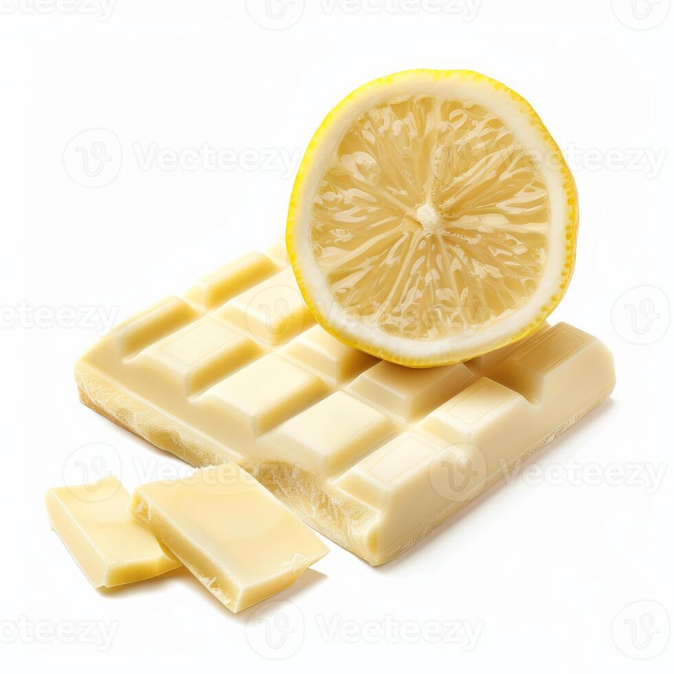 White chocolate bar with lemon slice resting on top photo
