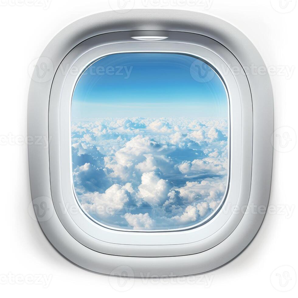 Airplane window showing blue sky and white clouds photo