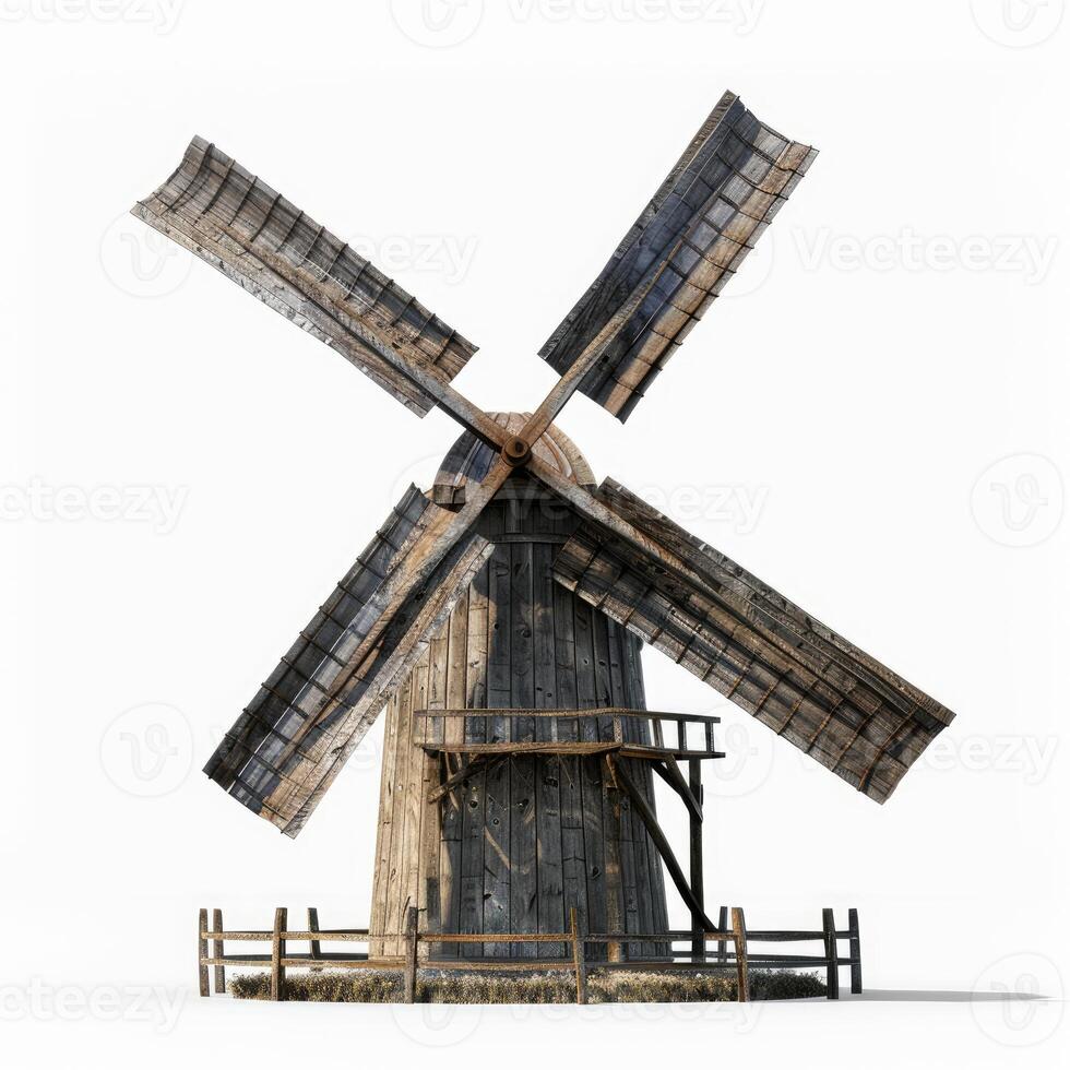 Old wooden windmill rotating blades generating power in rural landscape photo