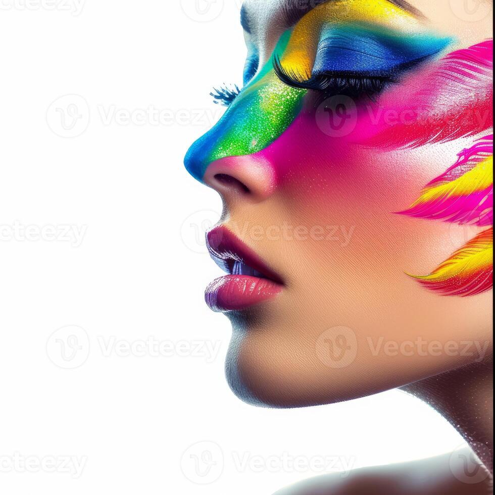 Profile portrait of beautiful model with colorful makeup and feathers photo